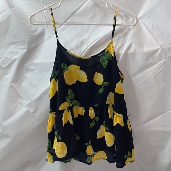 MUDPIE Navy & Yellow Lemon Print Tank Top w/ Ruffle and spaghetti straps Size XS - Picture 4 of 6
